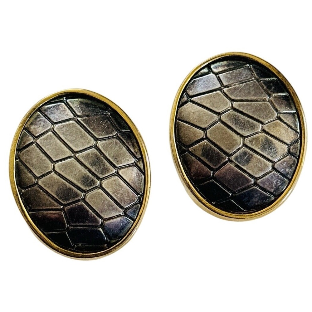 VTG Erwin Pearl Earrings Two Tone gold Silver clip designer Oval Brutalist 80s